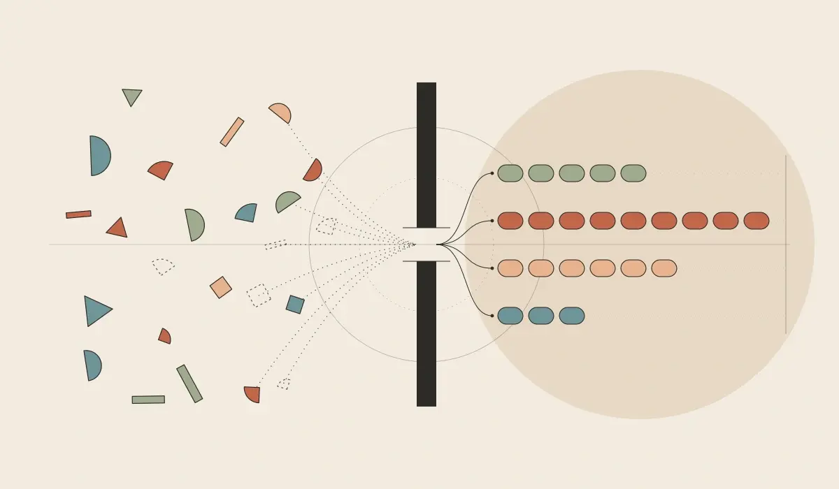 Scattered shapes pass through one gate and sort into colored rows, showing lost deal reasons organized into clear categories.