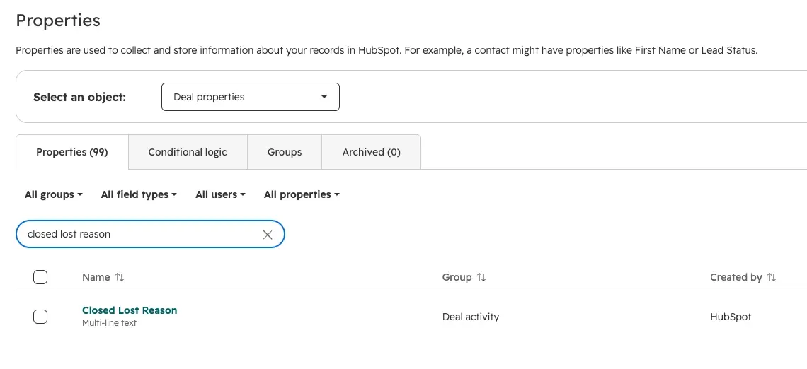 HubSpot deal properties search showing the default “Closed Lost Reason” property set as a multi-line text field