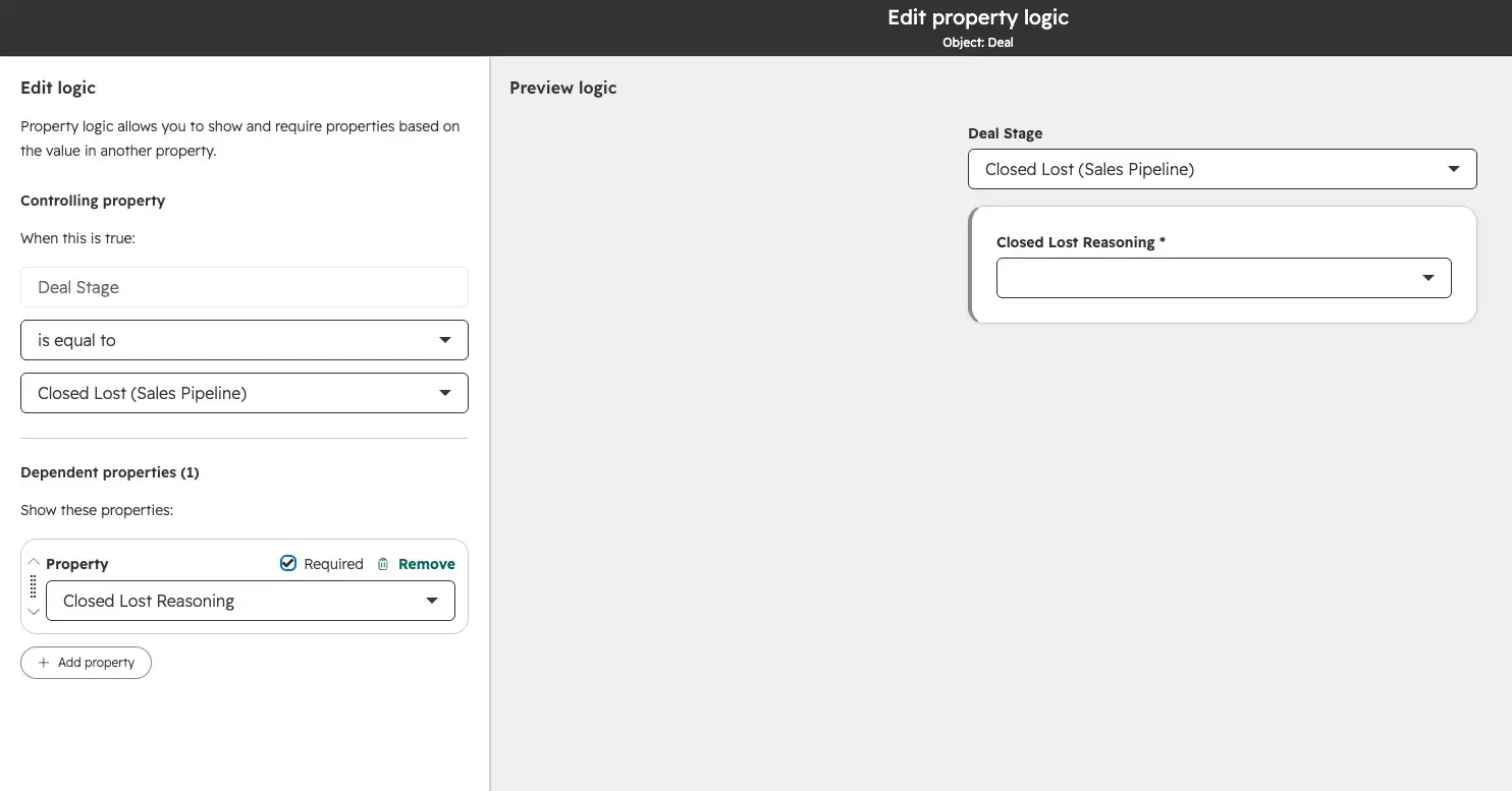 HubSpot property logic rule making “Closed Lost Reasoning” required when a deal’s stage is Closed Lost