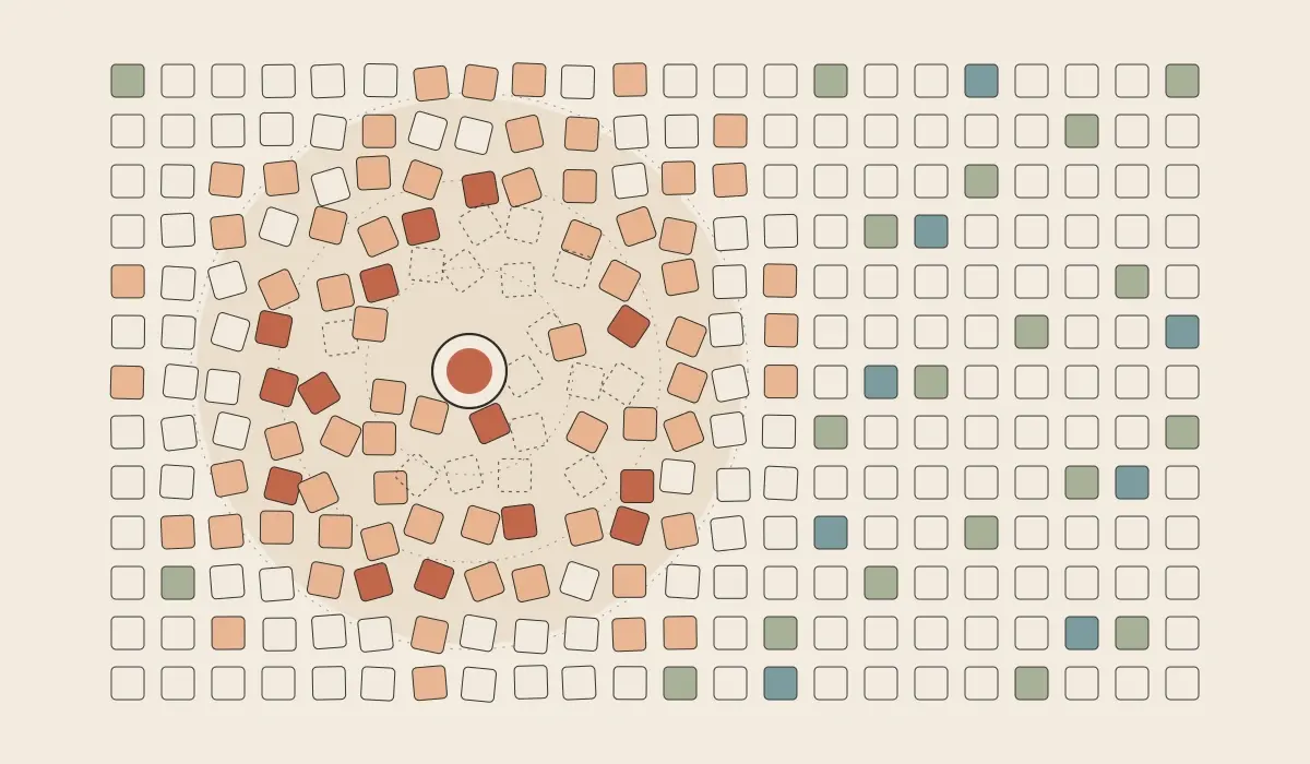 Orderly grid of tiles disrupted around one sealed central point, showing messy CRM data traced back to its source