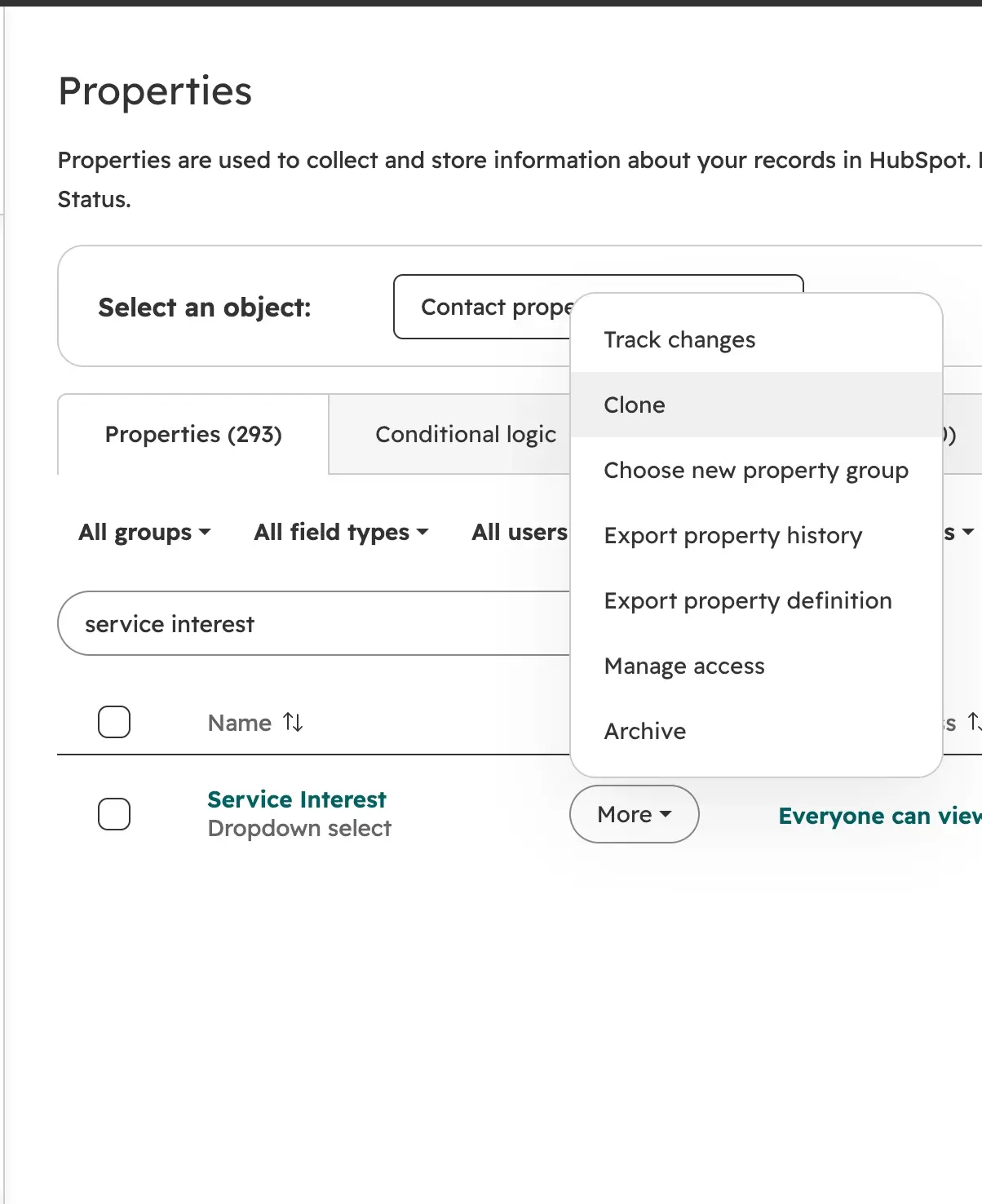 HubSpot properties list with the More dropdown open on a custom property and the Clone option selected