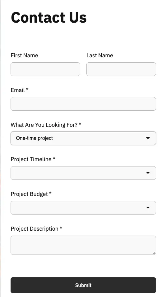 HubSpot contact form showing project timeline, budget, and description after One-time project is selected