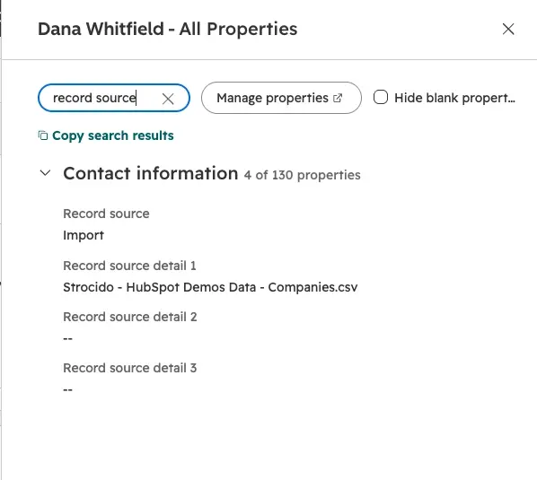 Mostly empty HubSpot contact record with the Record source property showing it was created by an import