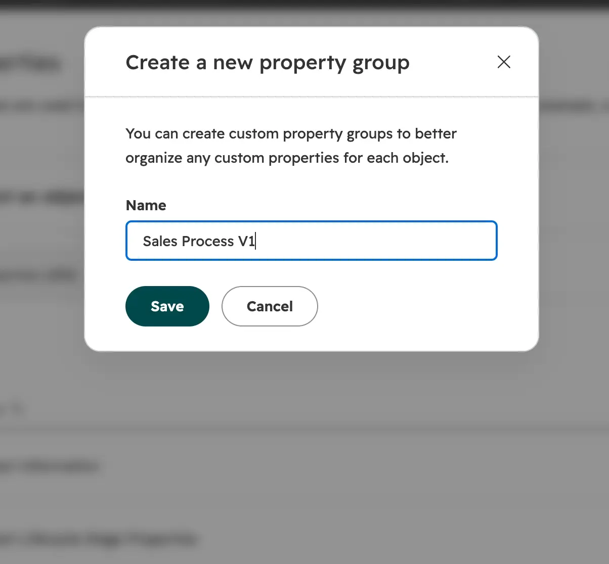 HubSpot deal properties Groups tab with a new Sales Process V1 property group being created