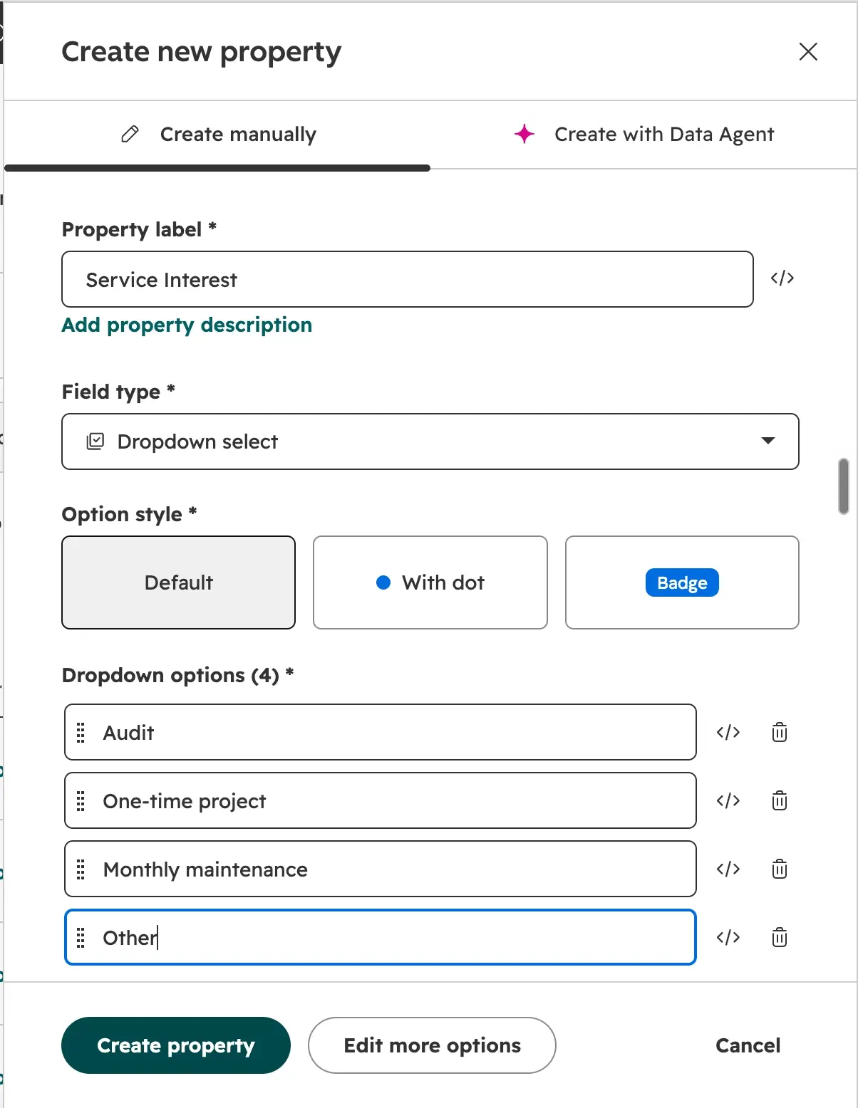 HubSpot property editor creating a Service Interest contact property as a dropdown select with an Other option