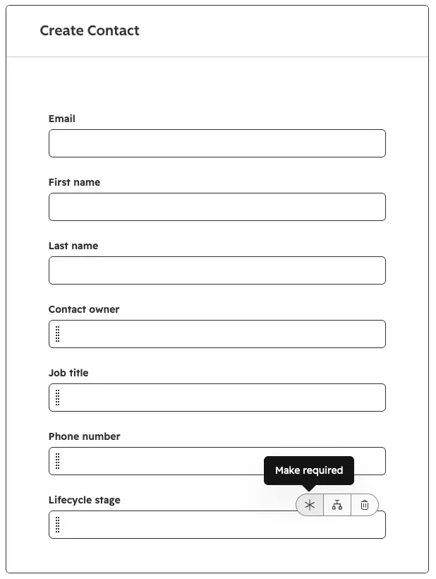 HubSpot Create contact form editor with properties added and one property marked as required
