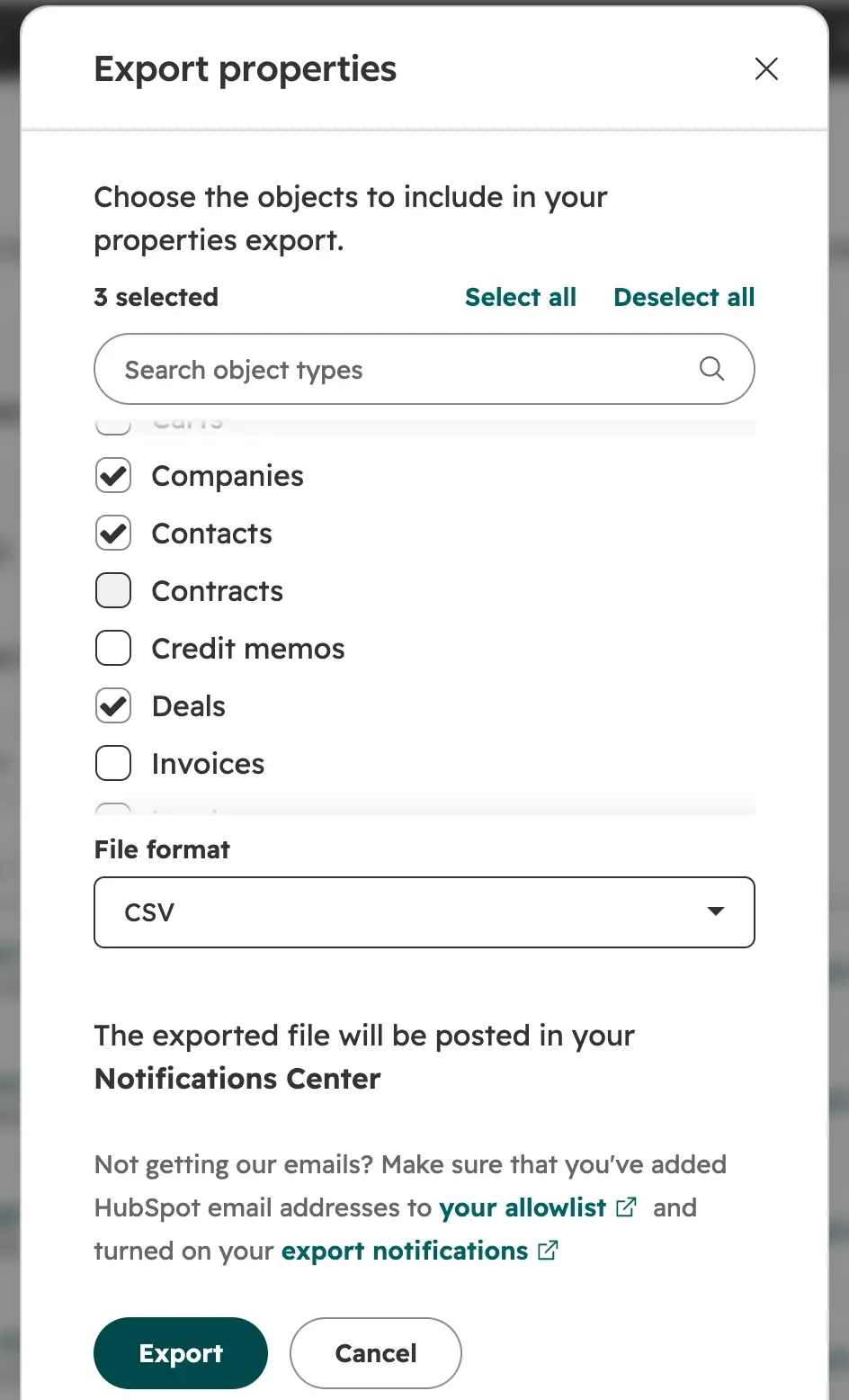 HubSpot Export all properties dialog with contact, company, and deal properties selected for export