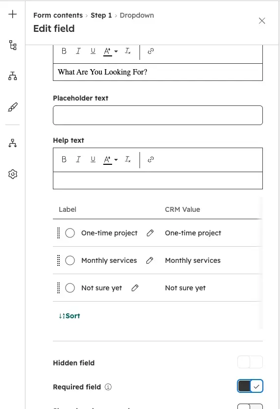 HubSpot form editor with “What Are You Looking For?” set as required and its follow-up questions grouped below it