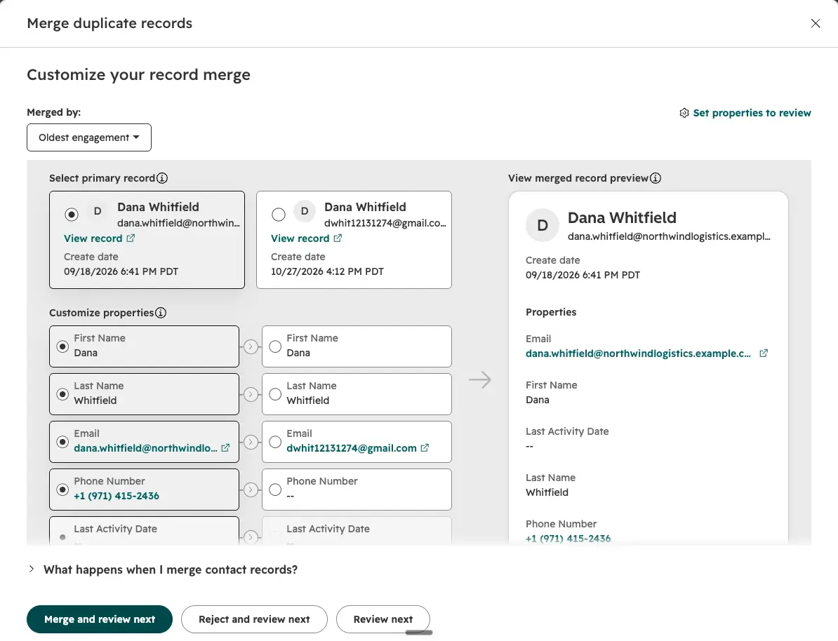 HubSpot Manage duplicates tab showing a pair of duplicate contacts with Review and Reject buttons