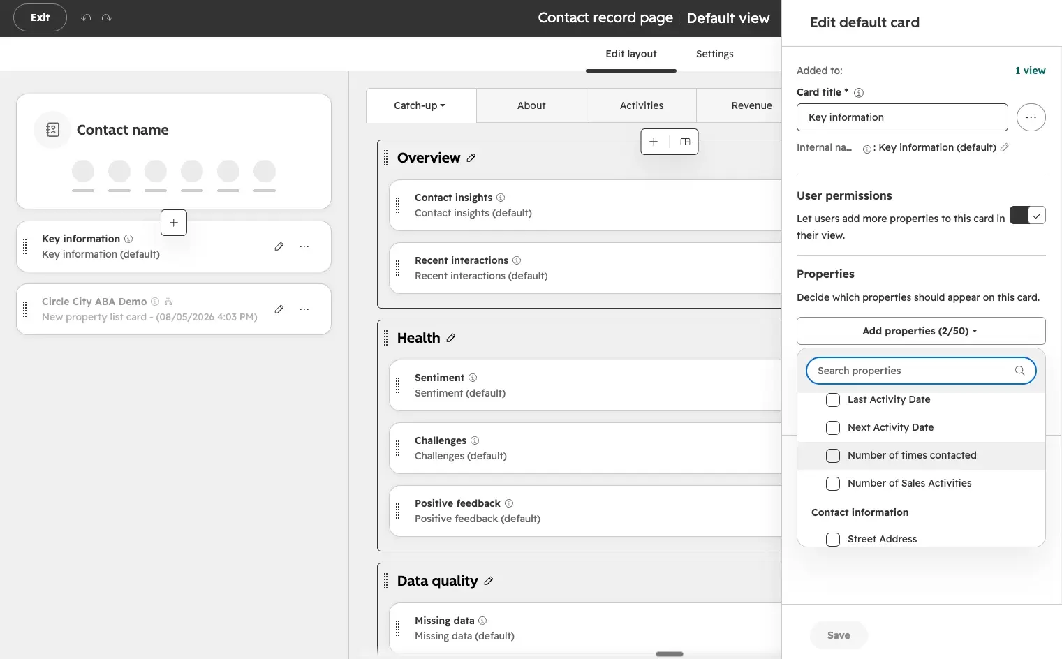 HubSpot record customization editor showing a contact default view with a trimmed property card