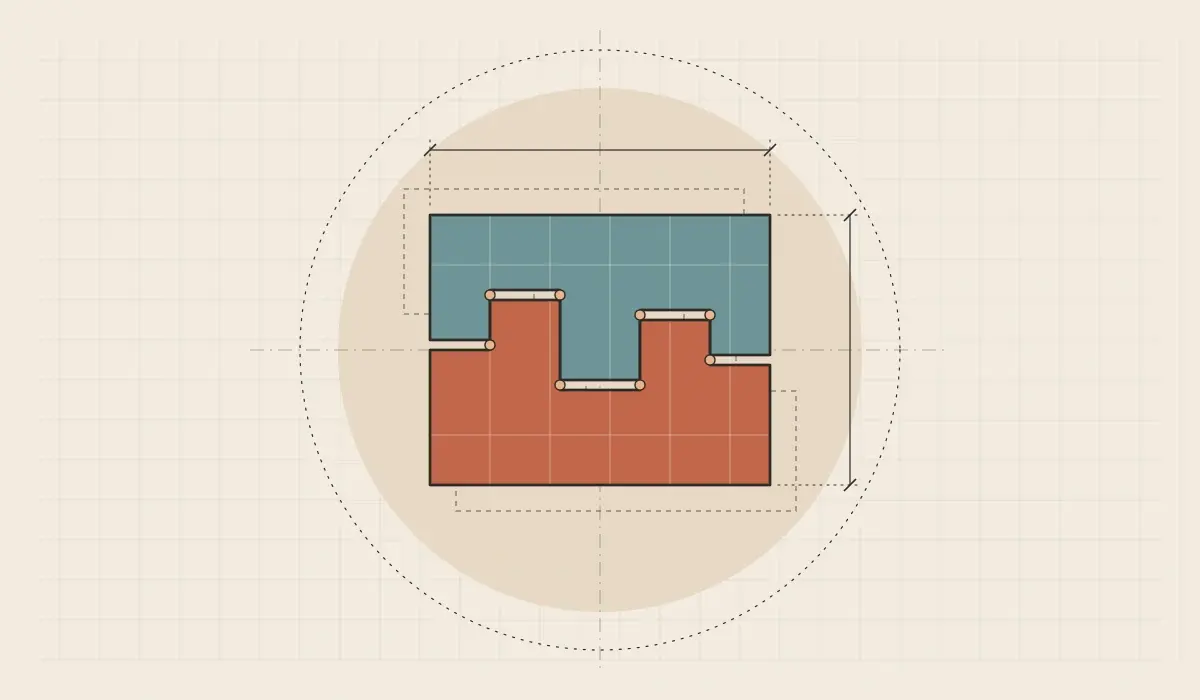 Two stepped blocks interlocking over a drafting grid, showing reporting and process planned to fit before building